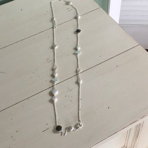 Long silver with grey and aqua blue stones
